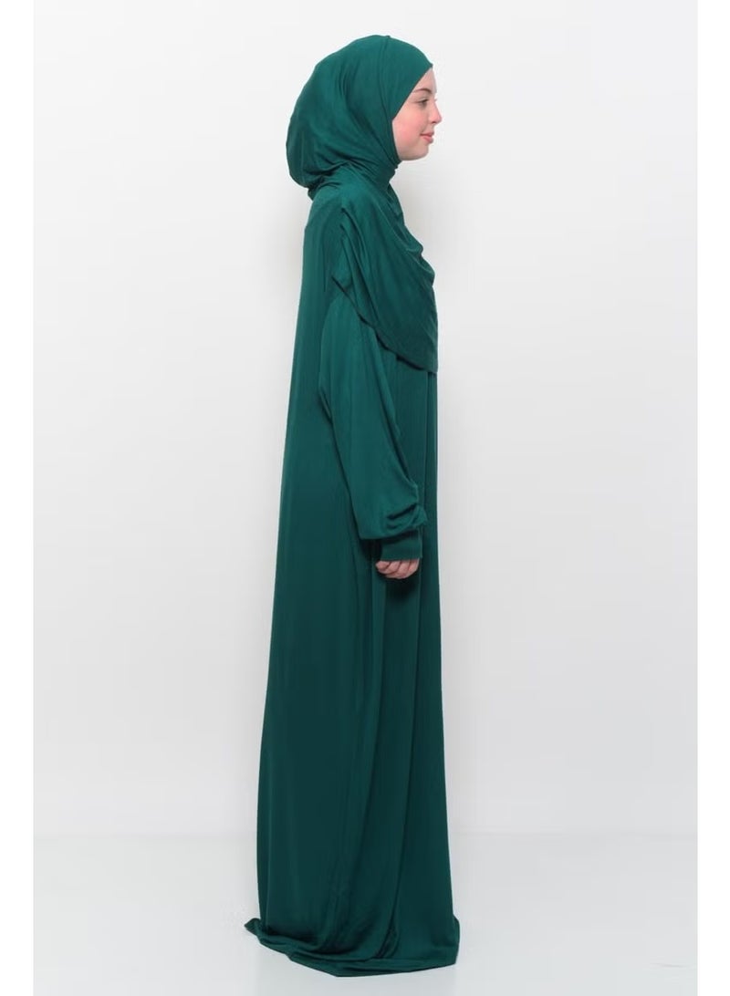 Altobeh Practical One Piece Cotton Bat Sleeves Removable Organic Hijab Prayer Dress with Headscarf - Green - Image 3